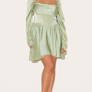 Plus Sage Green Satin Corset Detail Puffball Shift Dress