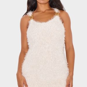 Cream Bobble Eyelash Chain Trim Mini Dress - Cream, L