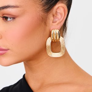 Gold Ribbed Hoop Door Knocker Earrings