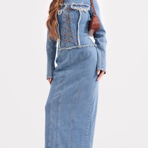 Light Blue Wash Freyed Pannel Detail Lace Up Maxi Denim Dress - Light Blue Wash, 16