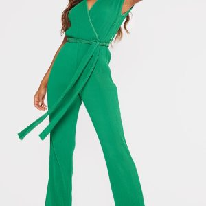 Bright Green  Pleated Shoulder Pad Flared Leg Jumpsuit