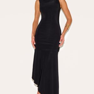 Black Double Layer Slinky Asymmetrical Ruched Midaxi Dress - Black, 12