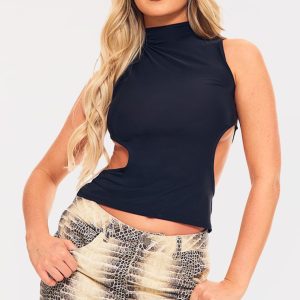 Black Slinky Lace Up Back Trim Detail High Neck Top - Black, 16