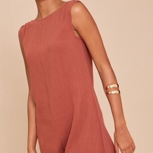 Rust Linen Blend Slouchy Boat Neck Playsuit