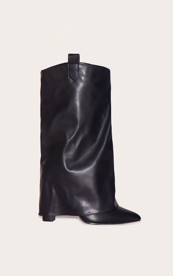 f749e7ee97f74638a04297b62235331537761738_CMY6426_1_black_wide_fit_pu_point_toe_fold_over_high_heeled_calf_high_boots